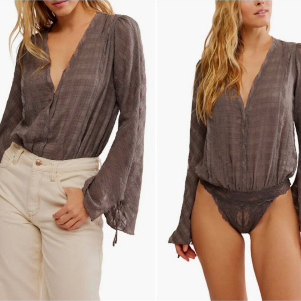Free People Taupe Plunge V-Neck Long Sleeve Bodysuit